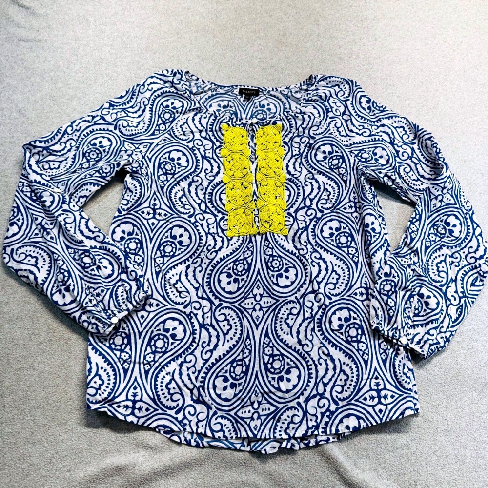 Talbots S Blue White Paisley Cotton Blouse Yellow Embroidered Trim Boho Flowy